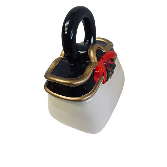 Davids Cookies Christmas Themed Purse Cookie Jar Bow & Holly Red Gold & Black - Picture 2 of 7